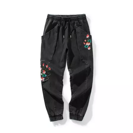 Japanese Streetwear Fashion Pants Urban Flower Embroidery Jeans for Men