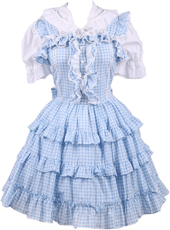 Blue Gingham Puff Ruffles Bow Japanese Lolita Kawaii Dress