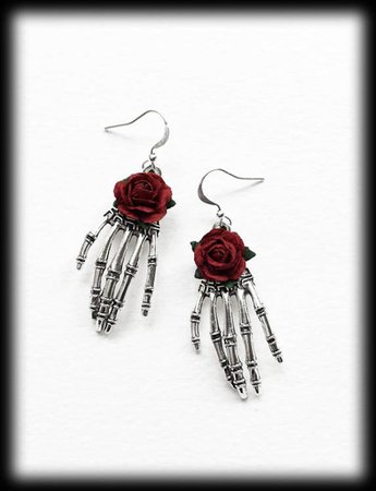 Gothic Earrings Skeleton Hands Burgundy Roses Antique | Etsy