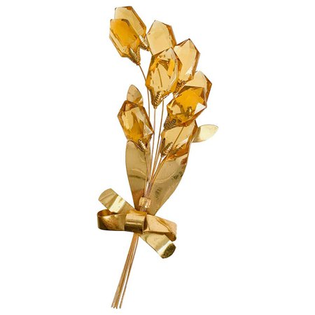1940s Brass and Amber-colored Stone Brooch For Sale at 1stdibs