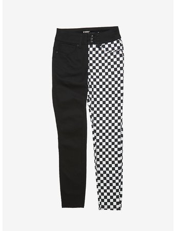 HT Denim Black & White Checkered Split Leg Hi-Rise Super Skinny Jeans Plus Size