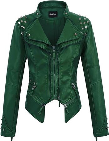 chouyatou Women's Fashion Studded Perfectly Shaping Faux Leather Biker Jacket (Small, Green) at Amazon Women's Coats Shop