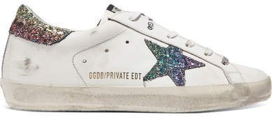 Superstar Glittered Distressed Leather Sneakers - White