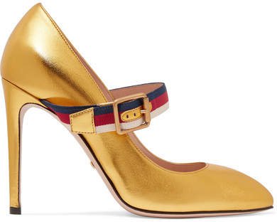 Canvas-trimmed Metallic Leather Pumps - Gold