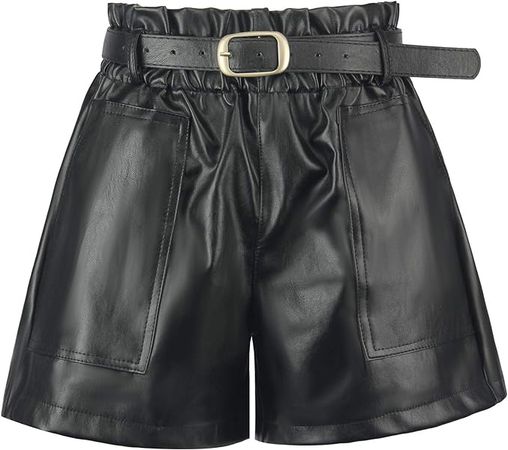 RAMISU Ladie's Casual Faux Leather Shorts High Waisted Elastic Band Belted Shorts Flared Leg Faux Leather Shorts Black S | Amazon.com