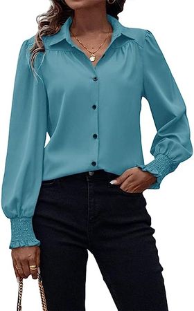 Voswmfe Women's Long Sleeve Button Down Shirts V Neck Puff Sleeve Elastic Cuff Casual Blouse Tops at Amazon Women’s Clothing store
