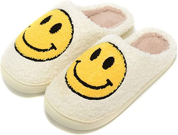 Yellow Retro Fuzzy Face Slippers for Women Men, Retro Soft Fluffy Warm Home Non-Slip Couple Style Casual Smiley Face Slippers Indoor Outdoor Anti-Skid Warm Cozy Foam Slide Fuzzy Slides with Soft Memory Foam Shoes | Shoes