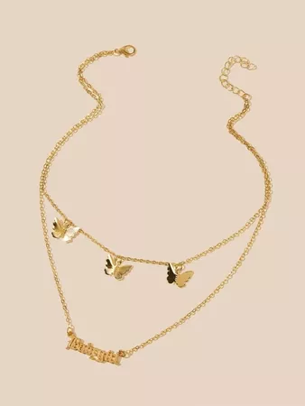 1pc Butterfly & Letter Charm Layered Chain Necklace