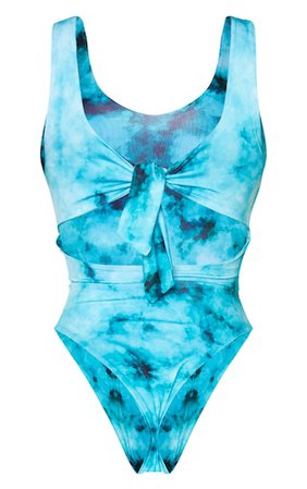 Tall Blue Tie Dye Knot Back Swimsuit | Tall | PrettyLittleThing