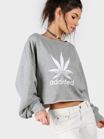 Cannabis Adidas logo addicted (SHEIN Heather Grey Graphic Print Asymmetric Off The Shoulder Sweatshirt)