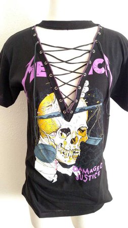 Metallica Lace Up Rock Metal Band Top T Shirt distressed