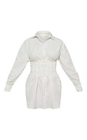 White Long Sleeve Underbust Corset Detail Shirt Dress | PrettyLittleThing USA