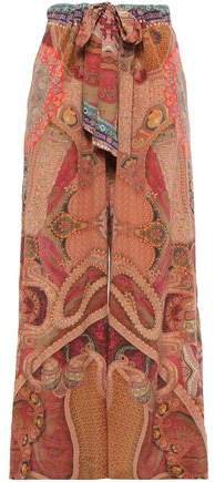 Tie-front Crystal-embellished Printed Satin-jacquard Wide-leg Pants
