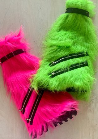 pink and green fluffy leg warmers