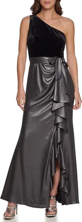 DKNY Women's Velvet/Foil Chiffon Ruffle Skirt Mix Media Dress at Amazon Women’s Clothing store