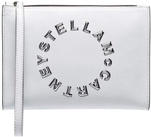 logo-appliqued vegan patent-leather clutch bag