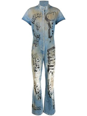 Blue Off-White Graffiti Bleached Distressed Jumpsuit | Farfetch.com