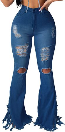 shengfan Women's Ripped Hole Classic Denim Bell Bottom Jeans-2318 Blue, 3X-Large at Amazon Women's Jeans store