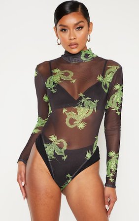 Green Dragon Neon Printed Mesh High Neck Bodysuit | PrettyLittleThing