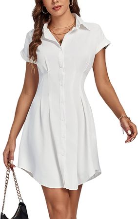LYANER Women's Pleated Waist Collar Button Down Short Sleeve Mini Short Shirt Dress at Amazon Women’s Clothing store