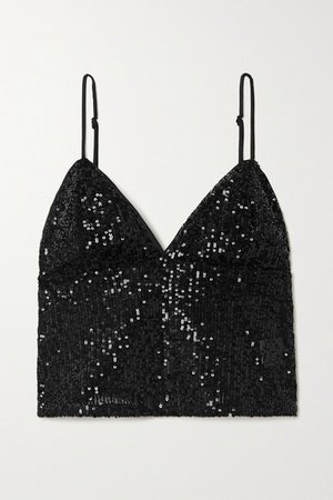 Cyndy Cropped Sequined Tulle Camisole - Black