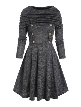 [30% OFF] Foldover Button Long Sleeve A Line Dress | Rosegal