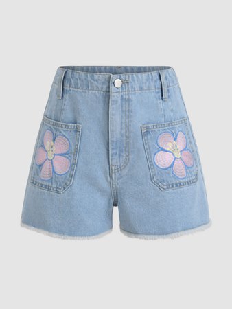 Floral Embroidery Denim Mini Shorts - Cider