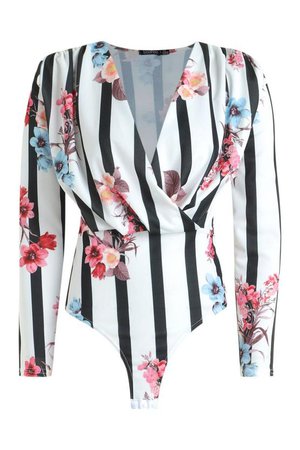 Annabelle Stripe Floral Mix Wrap Bodysuit | Boohoo