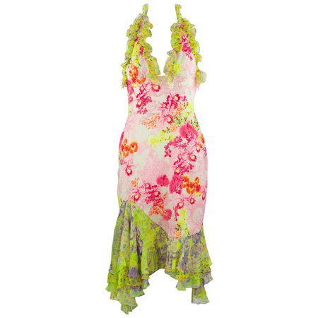 Versace Pink and Green Floral Print Chiffon Dress - Size IT 42 For Sale at 1stdibs