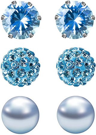 Amazon.com: JewelrieShop Light Blue Studs Earrings for Women CZ Rhinestones Crystal Ball Fake Pearl Stainless Steel Party Stud March Birthstone Earring Set for Girl (3 pairs,6mm Round,Mar): Clothing, Shoes & Jewelry