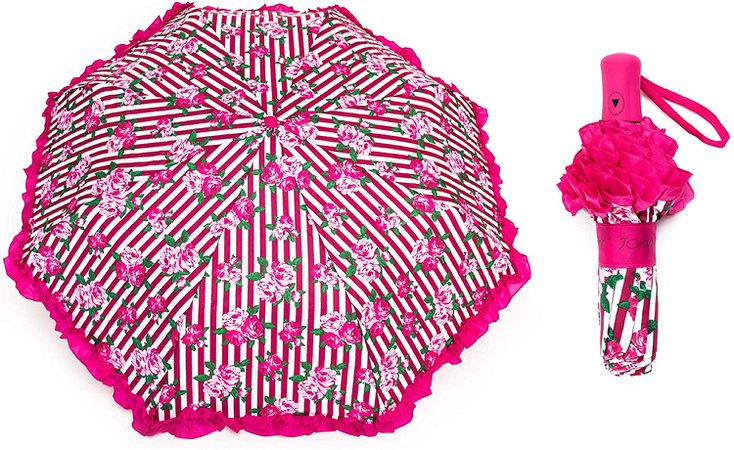 Amazon.com: Betsey Johnson 43" Designer Travel Umbrella/Sunbrella/Parasol, Lightweight Auto Open, Pink Rose Stripe w/Ruffle Trim: Coconut Skies