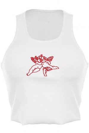 White Stylish Angel Printed Scoop Neck Cropped Sports Fit Tank Top - Beautifulhalo.com