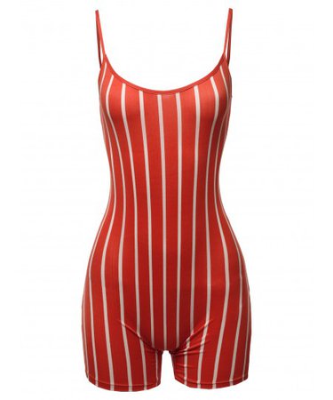 Women's Pin-stripe Spaghetti Strap Sexy Bodysuit Biker Short Jumpsuit - FashionOutfit.com