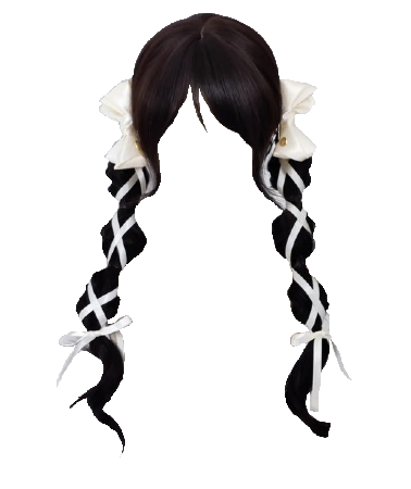 Hair White Ribbon Bows Braided Pigtails with Bangs Black (Dei5 edit)