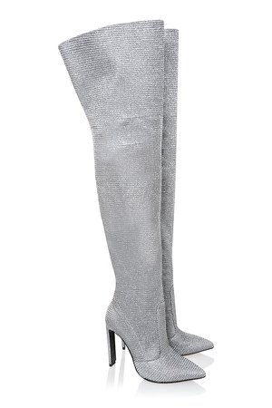 Shoes : 'Stardust' Silver Sparkle Thigh High Leather Boots