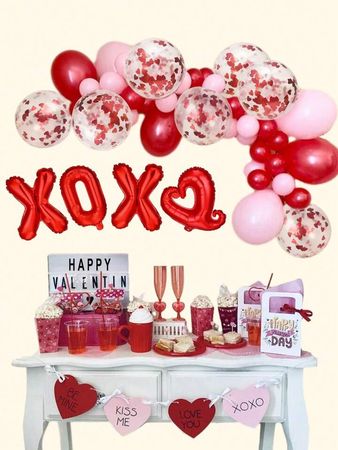 57pcs/Set Pink Flower Garland Arch Decoration Balloon Kit, Xoxo Hooked Heart Balloon, Heart Shaped Multi-Colored Confetti Balloons, Suitable For Valentine's Day Decor, Anniversary, Singles Party | SHEIN USA