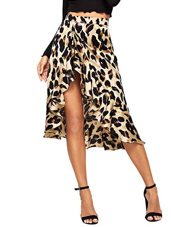 Verdusa Women's Ruffle Trim High Split Leopard Print Midi Skirt at Amazon Women’s Clothing store