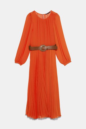 PLEATED DRESS WITH BELT - NEW IN-WOMAN | ZARA United States orange