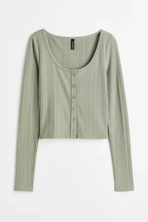 Button-front Ribbed Top - Light khaki green - Ladies | H&M US