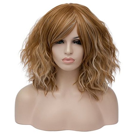 Alacos Fashion 35cm Short Curly Bob Anime Cosplay Wig Daily Party Christmas Halloween Synthetic Heat Resistant Wig for Women +Free Wig Cap (Brown Highlight Grey Side Parting)