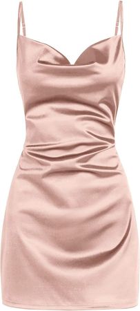 Amazon.com: ZAFUL Women's Satin Sleeveless Spaghetti Strap Mini Dress Side Slit Cowl Neck Cocktail Party Dresses : Clothing, Shoes & Jewelry