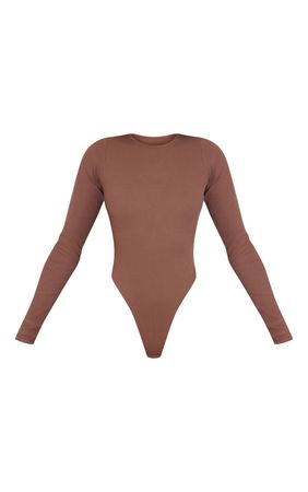 Chocolate Brown Rib Long Sleeve Bodysuit | PrettyLittleThing USA