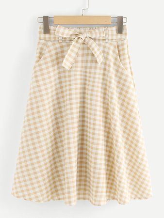 Check Button Front Self-tie Skirt