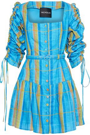 Belted ruched checked linen mini dress | NICHOLAS