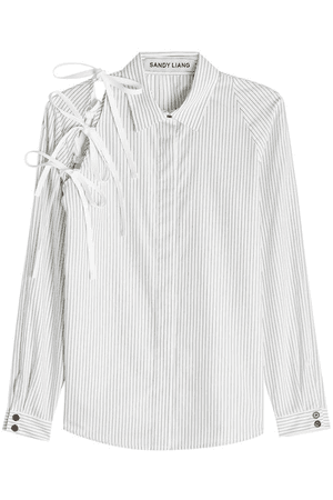 Sandy Liang Lena Tie-Detailed Pinstriped Cotton-Poplin Shirt In White