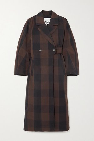 Belted Double-breasted Checked Cotton-blend Coat - Brown