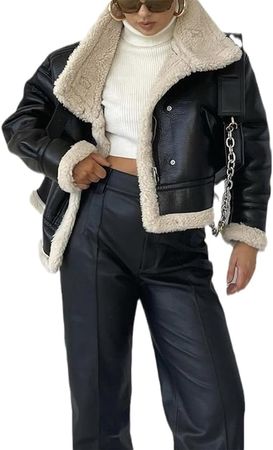 Comeon Women's Coat Casual Lapel Fleece Fuzzy Faux Shearling Zipper Coats  Warm Winter Oversized Outwear Jackets