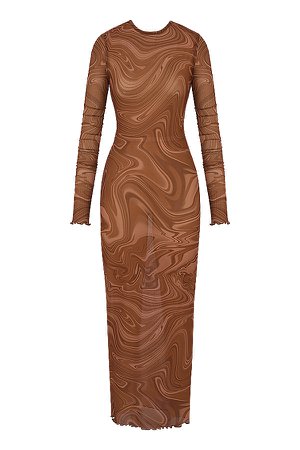 Clothing : Maxi Dresses : 'Severine' Cocoa Swirl Print Maxi Dress