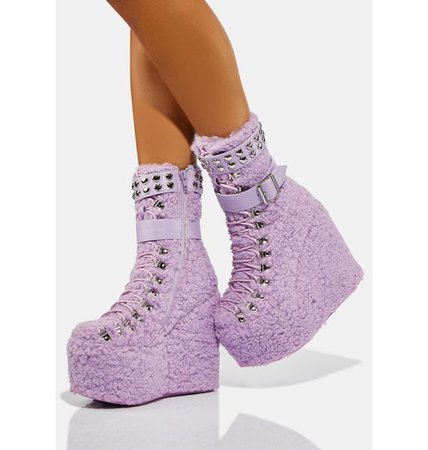 Sugar Thrillz Sherpa Wedge Platform Boots - Light Purple | Dolls Kill