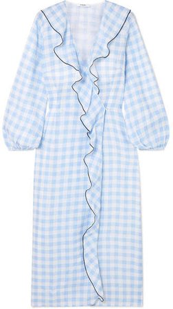 Ruffled Gingham Linen Wrap Dress - Light blue
